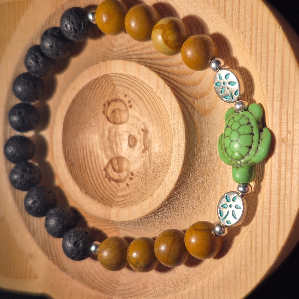 Artisan Crafted Petrified Wood with green turtle and lava beads